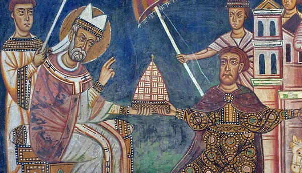 Pope Sylvester and Emperor Constantine depicted in the fresco