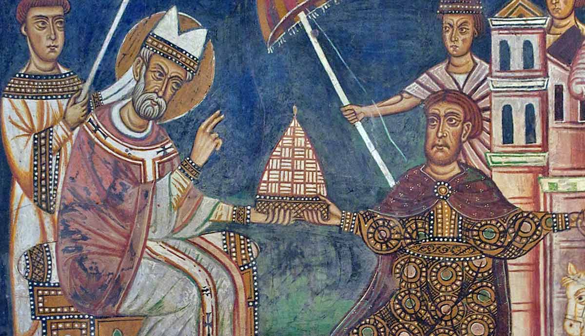 Pope Sylvester and Emperor Constantine depicted in the fresco