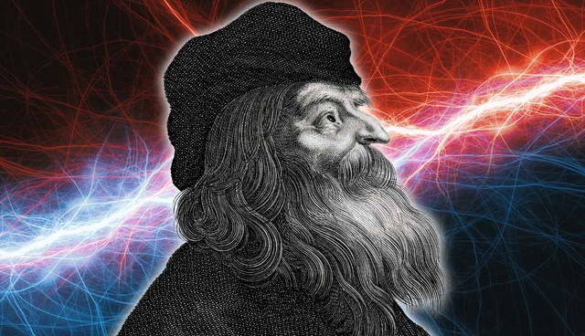 Engraved portrait with electric energy background