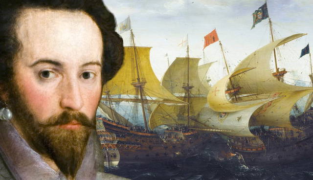 Portrait of Sir Walter Raleigh beside sailing ships