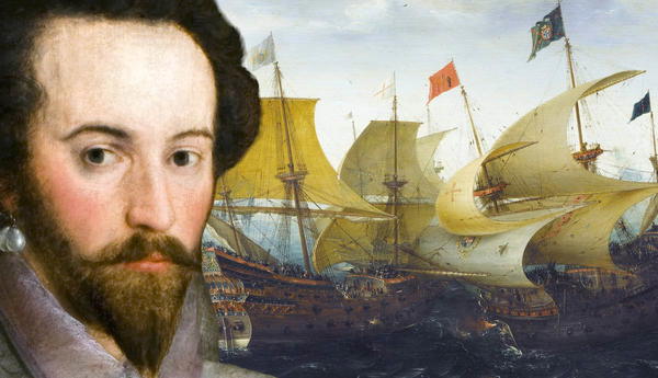Portrait of Sir Walter Raleigh beside sailing ships