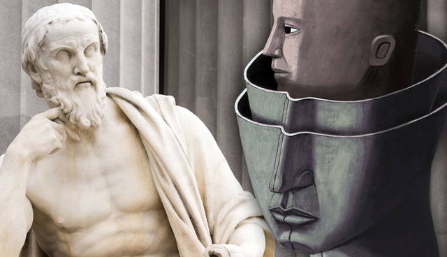 Ancient statue next to surrealist faces