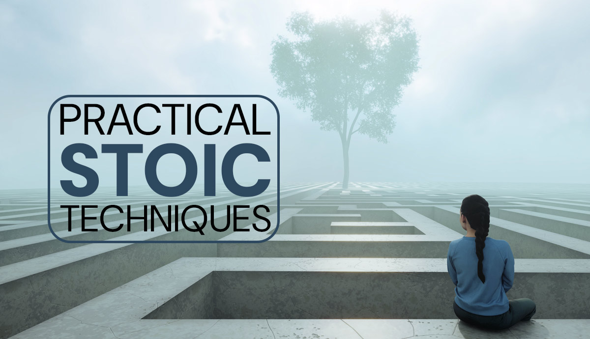 Person overlooking maze with stoicism text