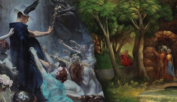 Two classical paintings depicting Aeneas and souls in the Underworld