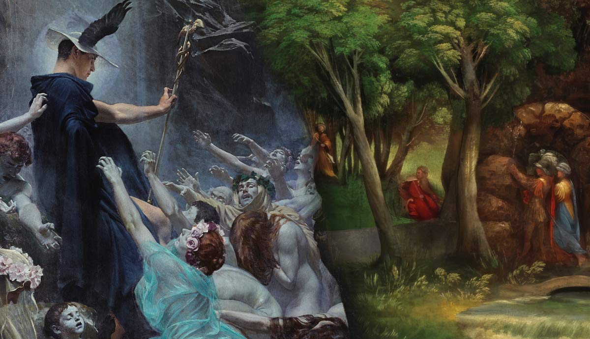 Two classical paintings depicting Aeneas and souls in the Underworld