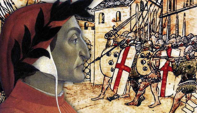 Dante Alighieri alongside medieval soldiers marching