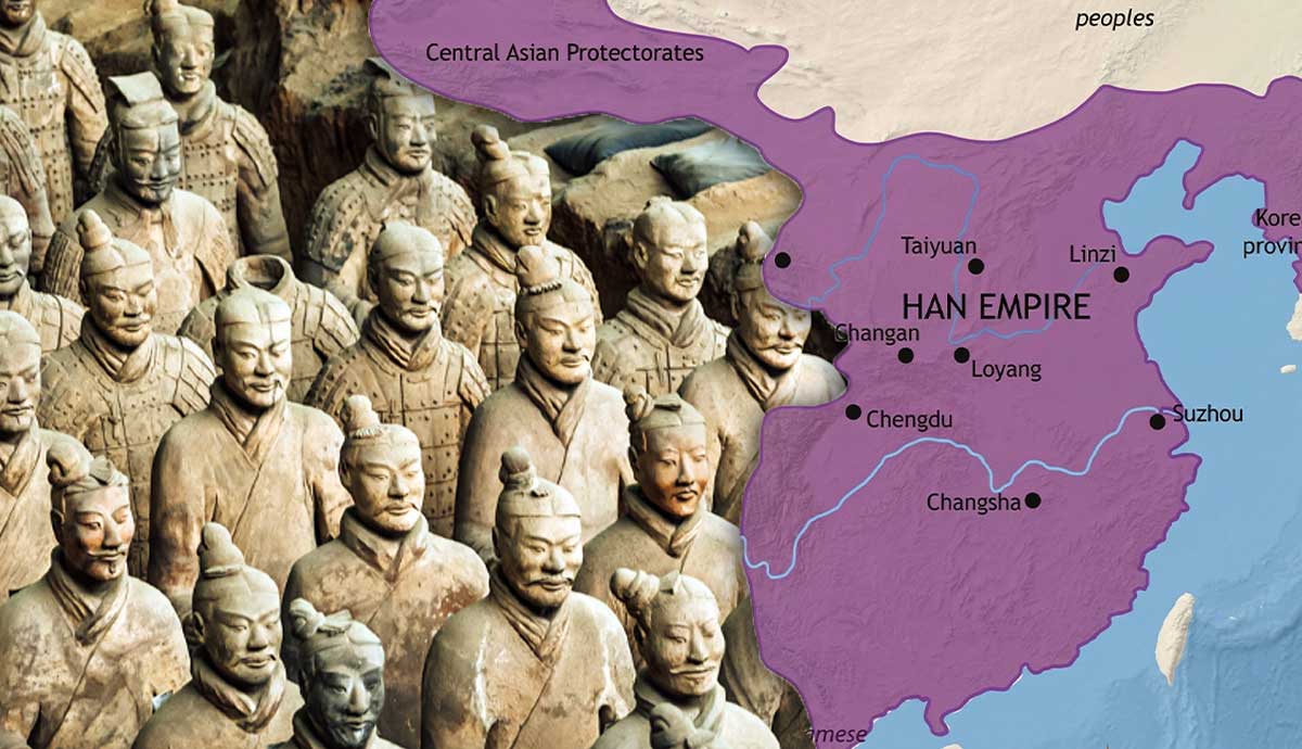 han dynasty map china with terracotta army figures