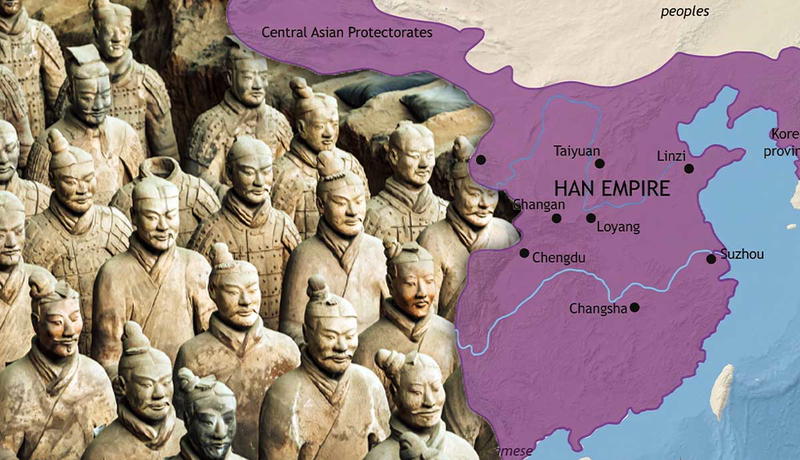 han dynasty map china with terracotta army figures