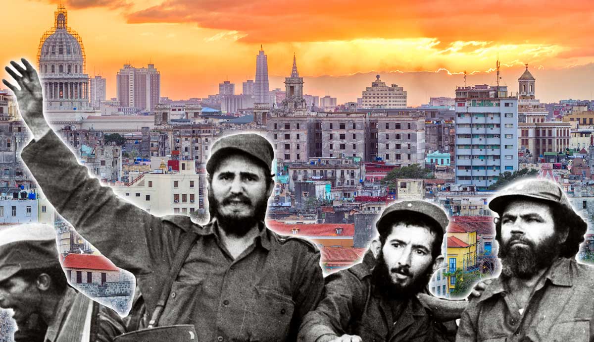 Fidel Castro and Cuban revolutionaries before the Havana skyline