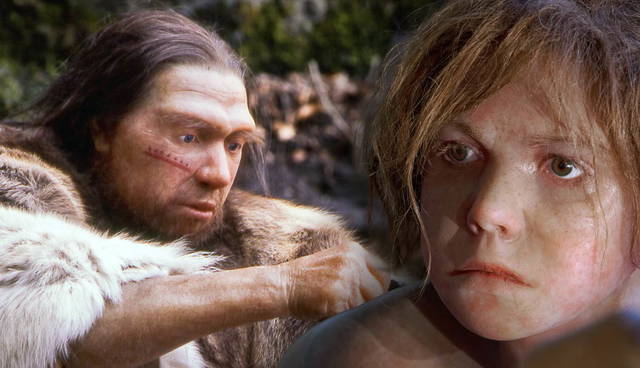 Reconstruction of Neanderthal man and child