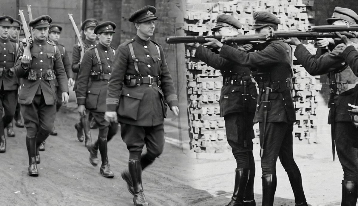 Soldiers marching and aiming rifles collage