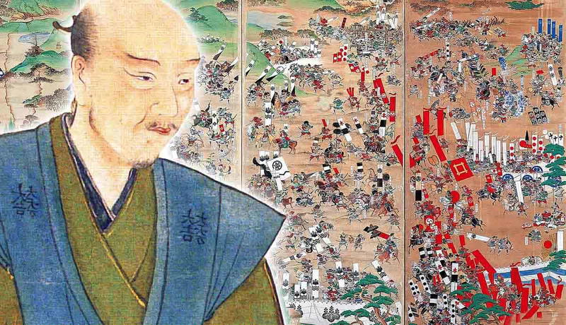 ishida mitsunari portrait beside a sprawling battle scene