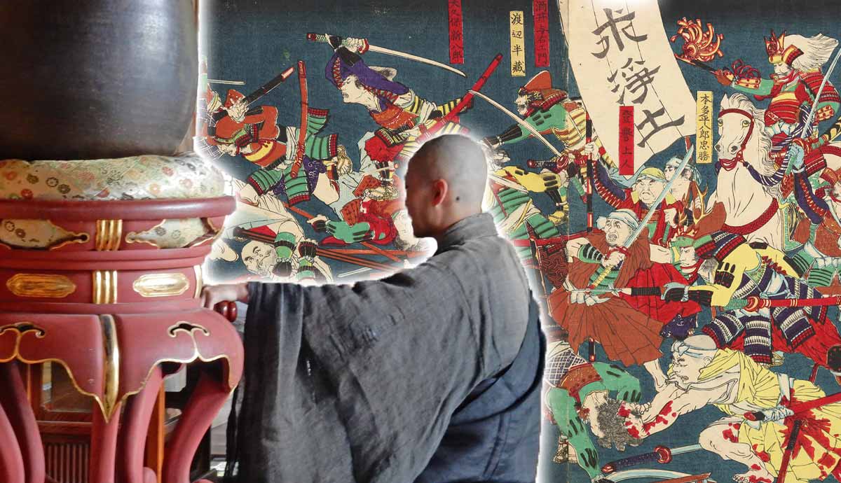 Buddhist monk and samurai battle illustration