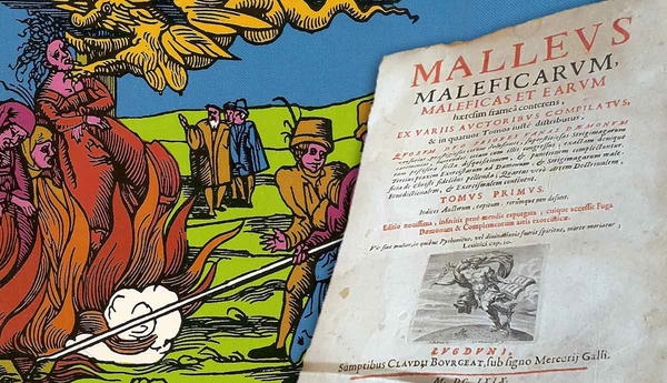 Illustration of a witch burning and the Malleus Maleficarum title page
