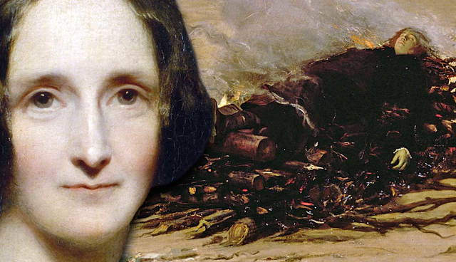 Mary Shelley beside a painting of Percy Bysshe Shelley's funeral pyre