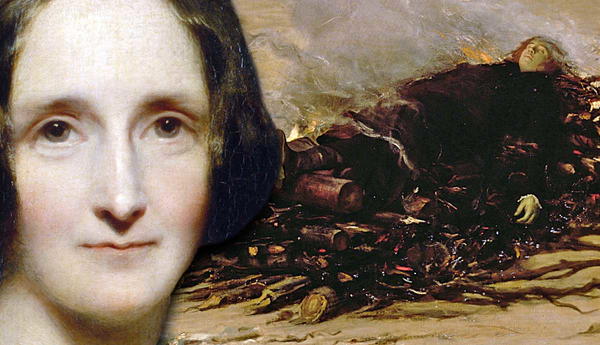Mary Shelley beside a painting of Percy Bysshe Shelley's funeral pyre