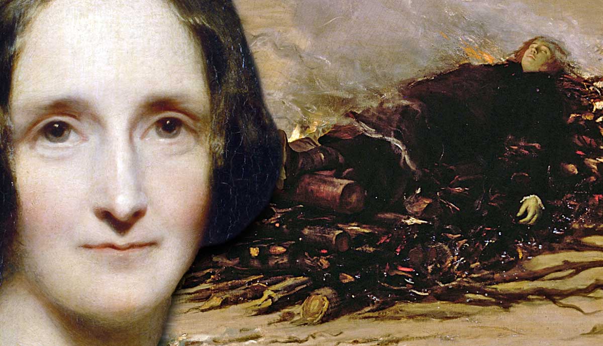Mary Shelley beside a painting of Percy Bysshe Shelley's funeral pyre