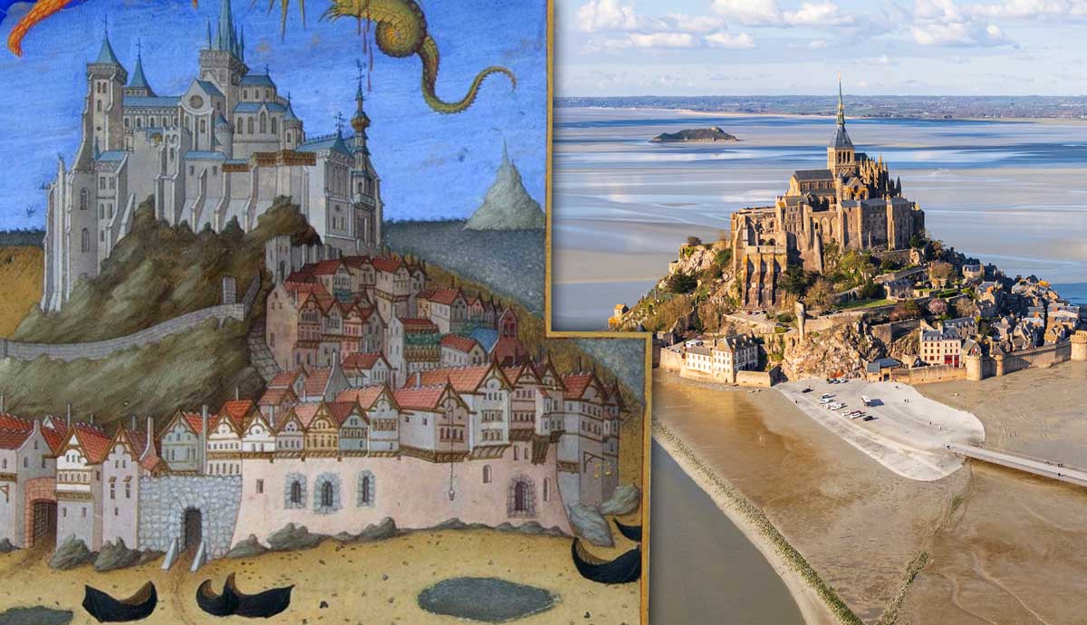 Medieval painting and photograph of Mont Saint Michel