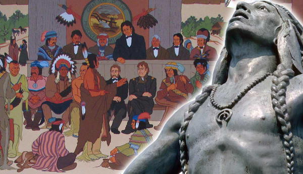 Illustration of Grand Council of 1842 and statue