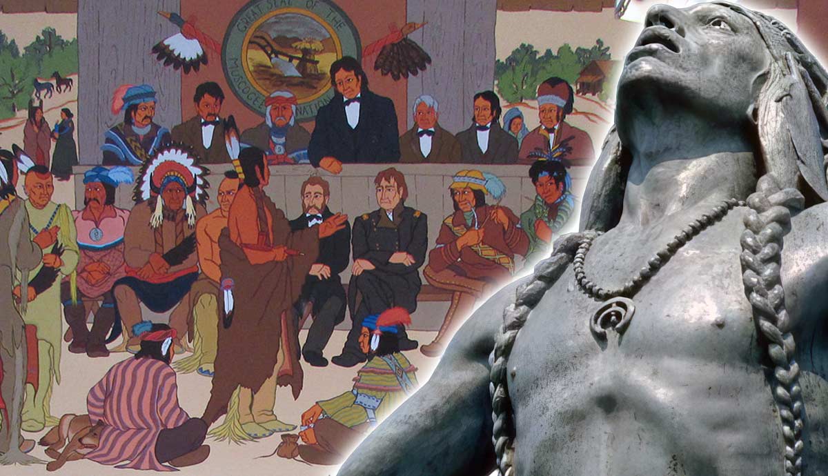 Illustration of Grand Council of 1842 and statue