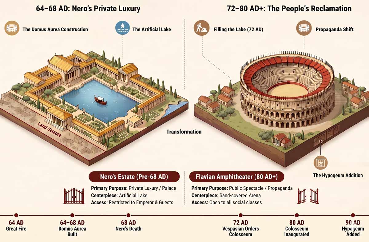 A side-by-side historical infographic titled "Nero’s Domus Aurea Replaced by the Colosseum." The left panel, labeled "64–68 AD: Nero's Private Luxury," shows an isometric reconstruction of a grand Roman palace surrounding a large rectangular artificial lake. The right panel, labeled "72–80 AD+: The People’s Reclamation," shows the Colosseum built on the same site, surrounded by green grass and small Roman houses. A timeline at the bottom tracks key dates from the Great Fire in 64 AD to the addition of the Hypogeum in 90 AD. The image highlights the shift from private imperial luxury to public spectacle.
