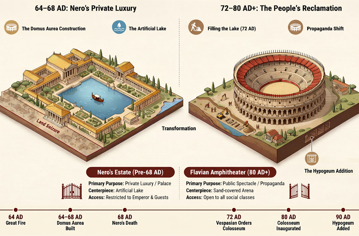 Nero Domus Aurea (left) replaced by the Colosseum (Flavian Amphitheater). Infographic created with NotebookLM.