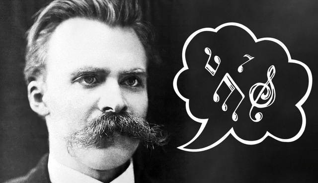 Friedrich Nietzsche with music thought bubble