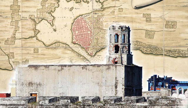 Historic stone fortress with map background