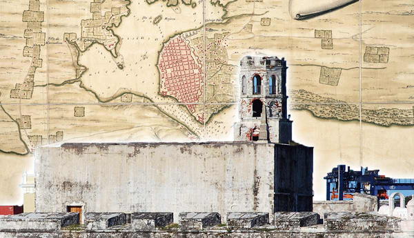 Historic stone fortress with map background