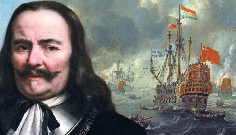 Portrait of Michiel de Ruyter beside a naval battle