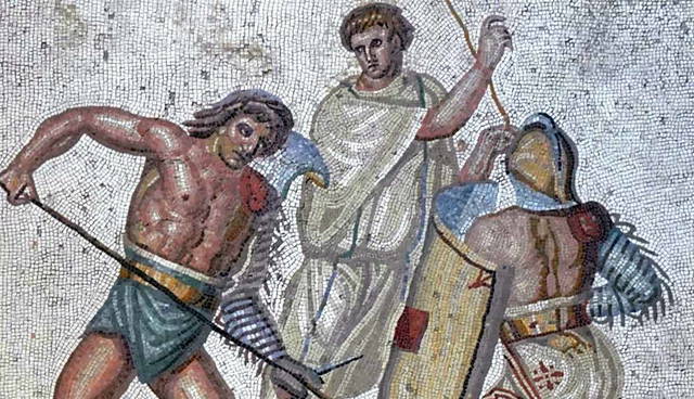 roman mosaic depicting gladiators wrestling