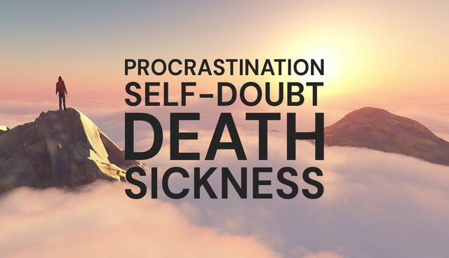Person standing on a mountain peak with existentialist text