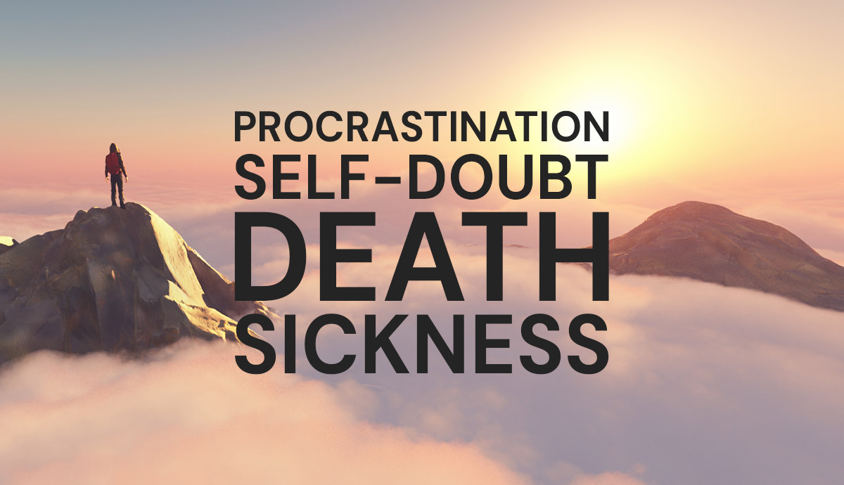 Person standing on a mountain peak with existentialist text
