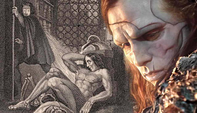 Engraving of Frankenstein’s monster and creature