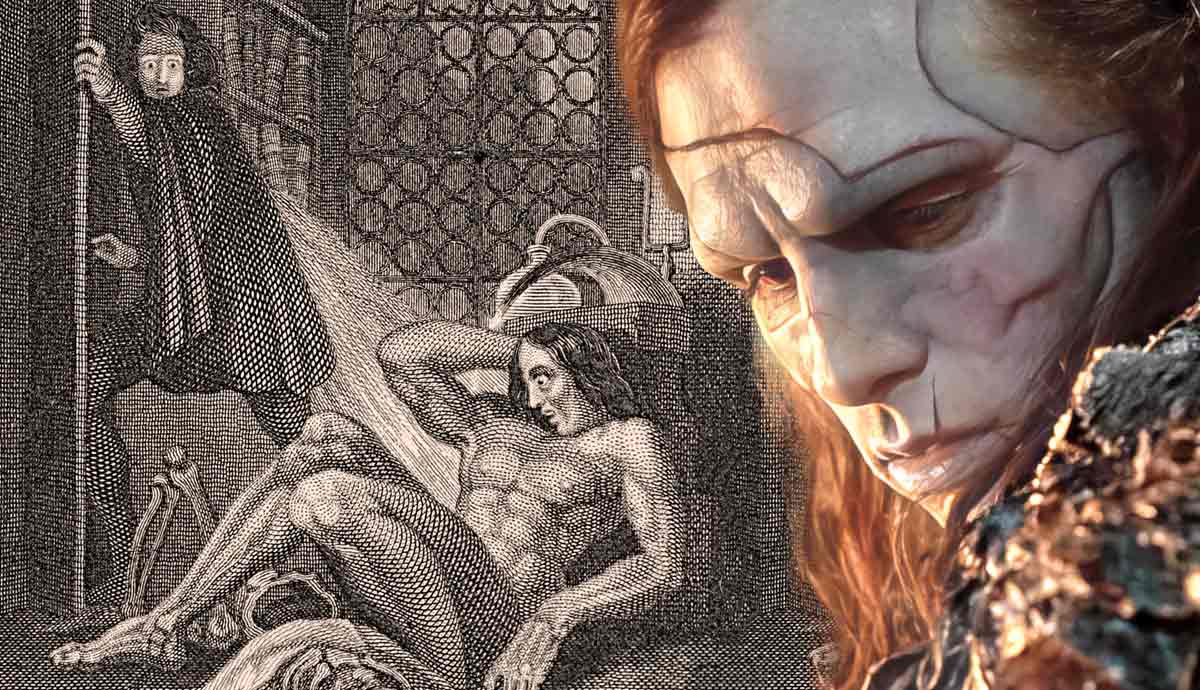 Engraving of Frankenstein’s monster and creature