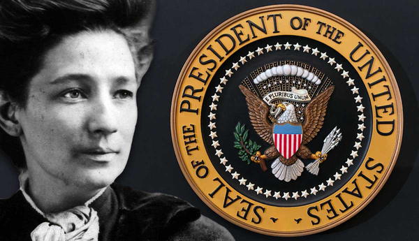 Victoria Woodhull portrait beside Presidential Seal