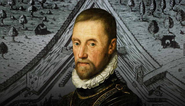 Portrait of Gaspard de Coligny over Diagram of Fort Caroline