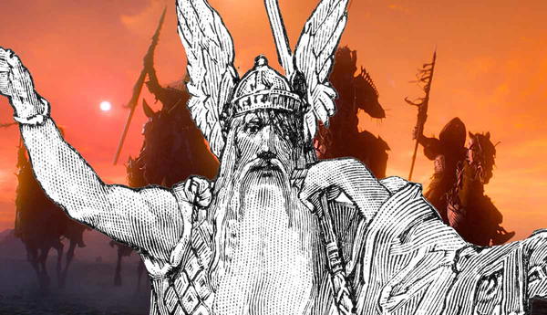 Illustration of Odin alongside silhouetted riders