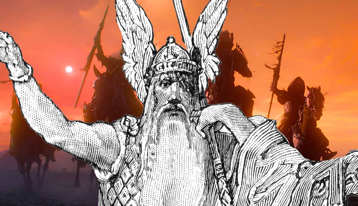 Illustration of Odin alongside silhouetted riders