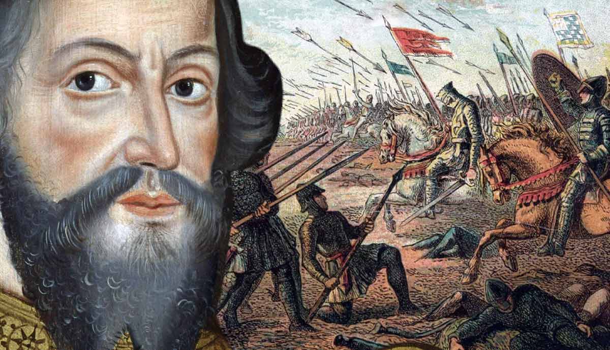 Portrait of william the conqueror beside battle scene