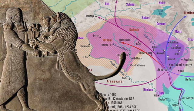 Assyrian relief and map of Mesopotamia