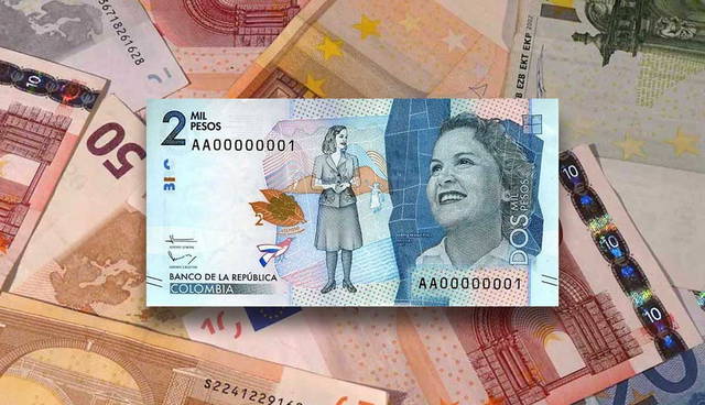 Colombian peso banknote on Euro bills