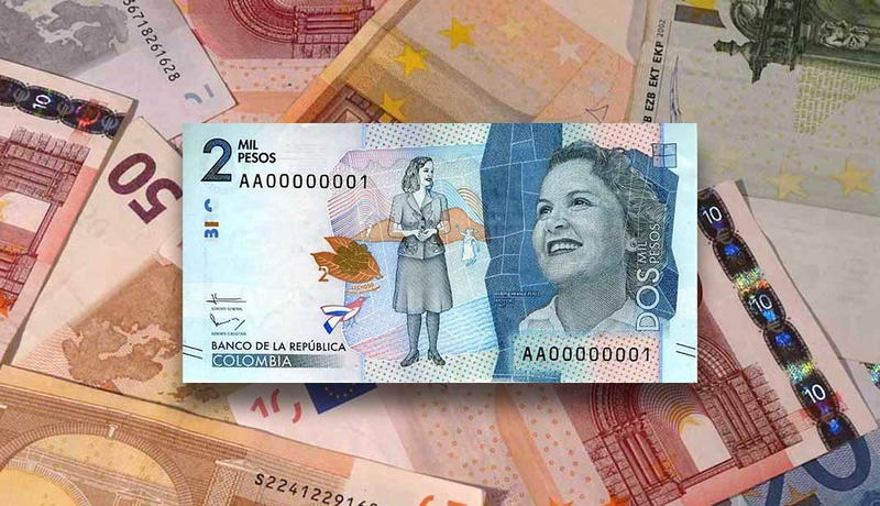 Colombian peso banknote on Euro bills
