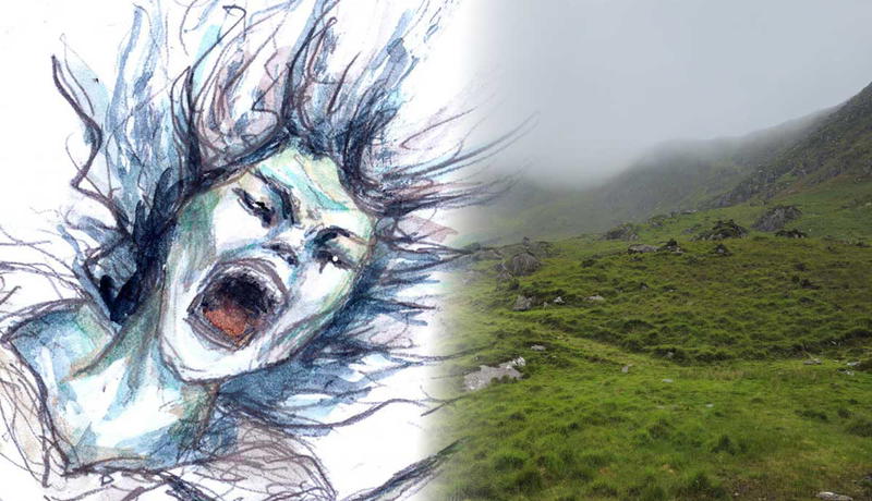 Drawing of a banshee with The misty hills of Kilgarvan