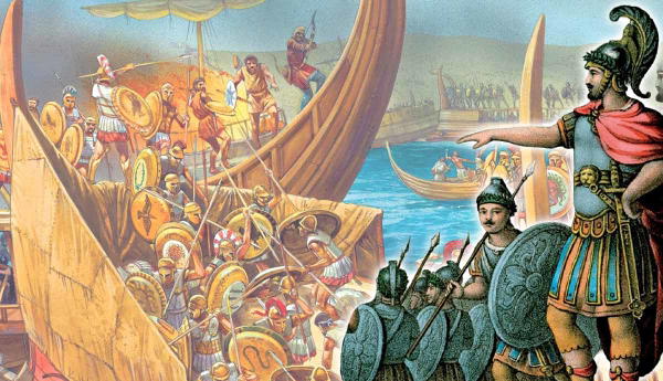 Ancient Greek naval battle illustration with Lysander outside the walls of Athens