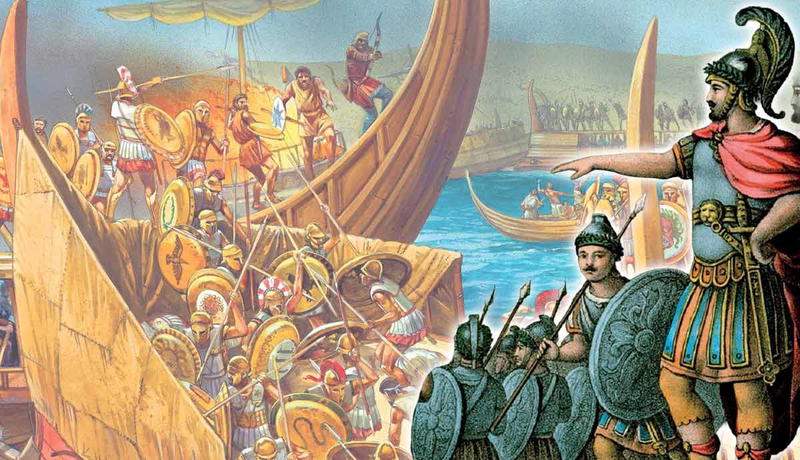 Ancient Greek naval battle illustration with Lysander outside the walls of Athens