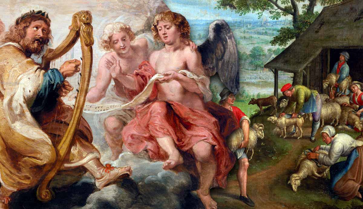 King David Playing the Harp, by Peter Paul Rubens with christ as good shepherd marten van valckenborch
