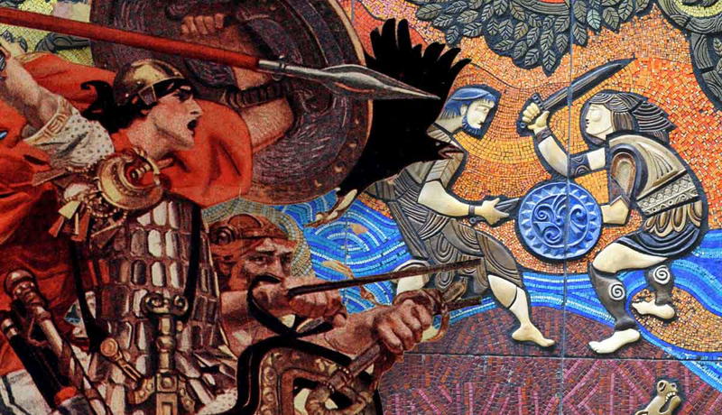 A mosaic of ancient warriors in battle with Cú Chulainn by J.C Leyendecker