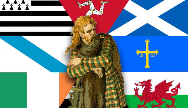An illustration of a Gallic warrior and pan celtic flag
