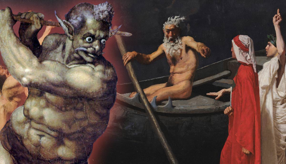 Dante and Virgil meeting Charon by boat